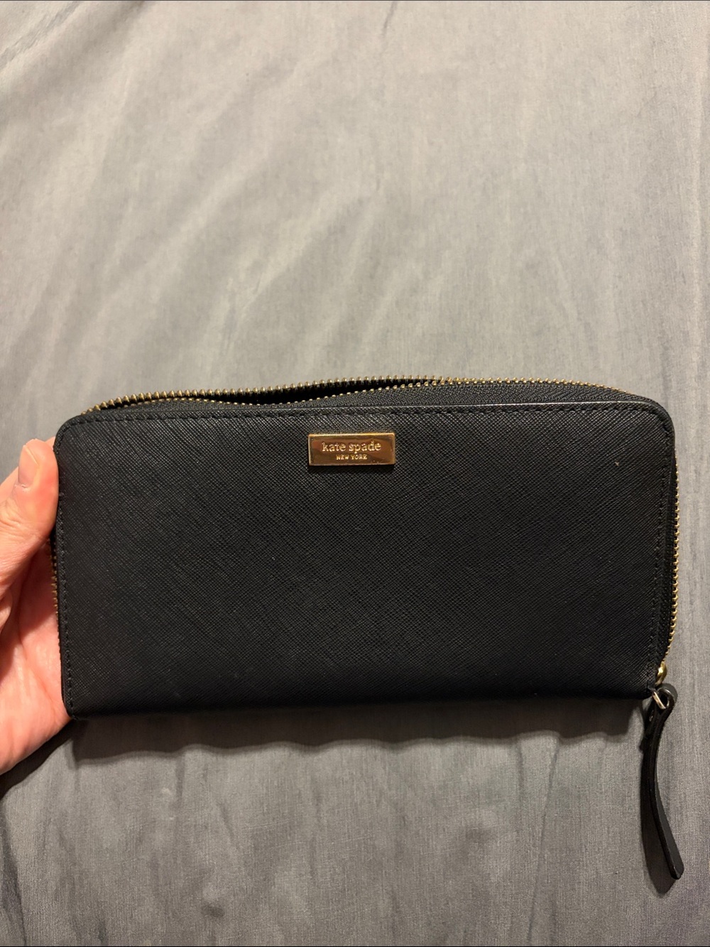 kate spade Black Saffiano Zip Wallet with Gold Plaque